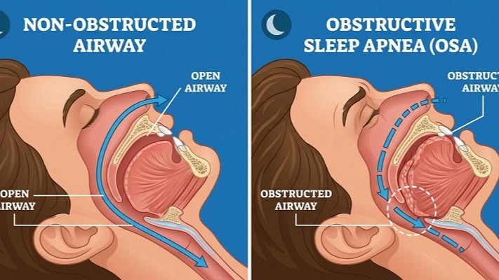 Person experiencing obstructive sleep apnea with airway blockage during sleep