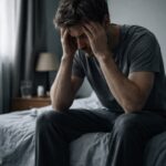 Sleep apnea patient waking up gasping for air at night due to airway collapse and oxygen drop during sleep
