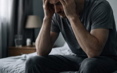 Sleep apnea patient waking up gasping for air at night due to airway collapse and oxygen drop during sleep