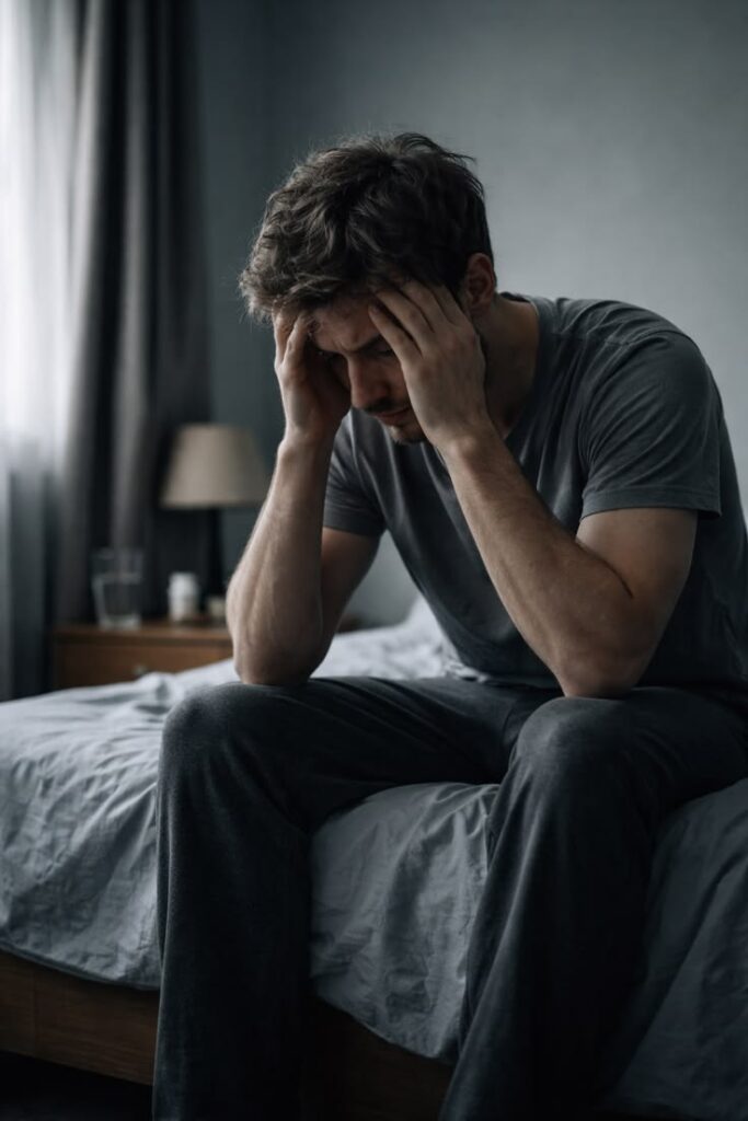 Sleep apnea patient waking up gasping for air at night due to airway collapse and oxygen drop during sleep