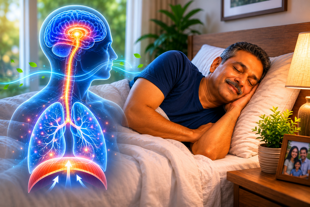 Illustration showing a person with Central Sleep Apnea experiencing paused breathing during sleep due to disrupted brainstem signals to the diaphragm.