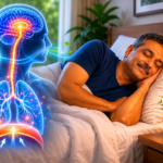 Illustration showing a person with Central Sleep Apnea experiencing paused breathing during sleep due to disrupted brainstem signals to the diaphragm.