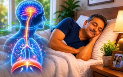 Illustration showing a person with Central Sleep Apnea experiencing paused breathing during sleep due to disrupted brainstem signals to the diaphragm.